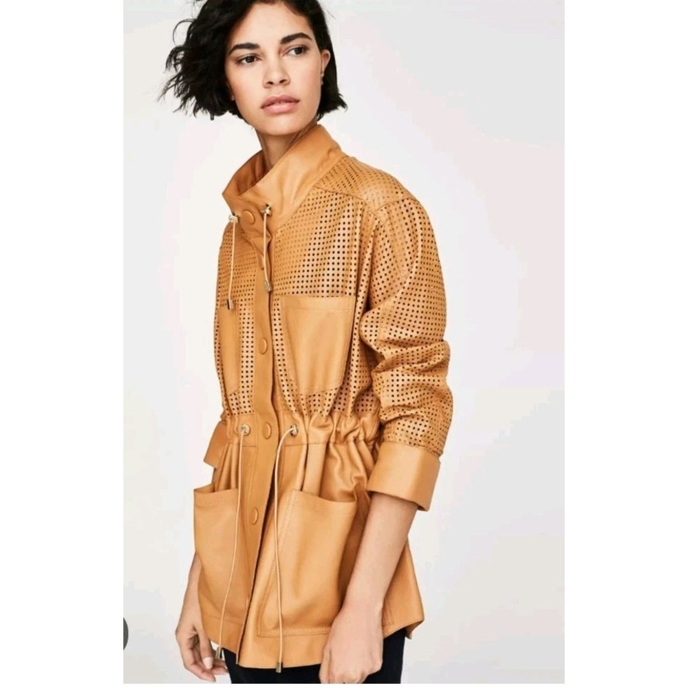 Uterqüe Womens Tan Buttery Leather Jacket Snap Button Drawstring Waist Pockets